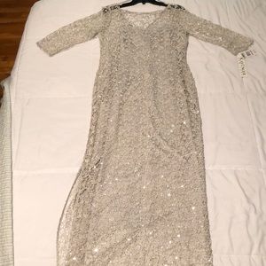 Kay Unger lace with silver silk slip sequin gown